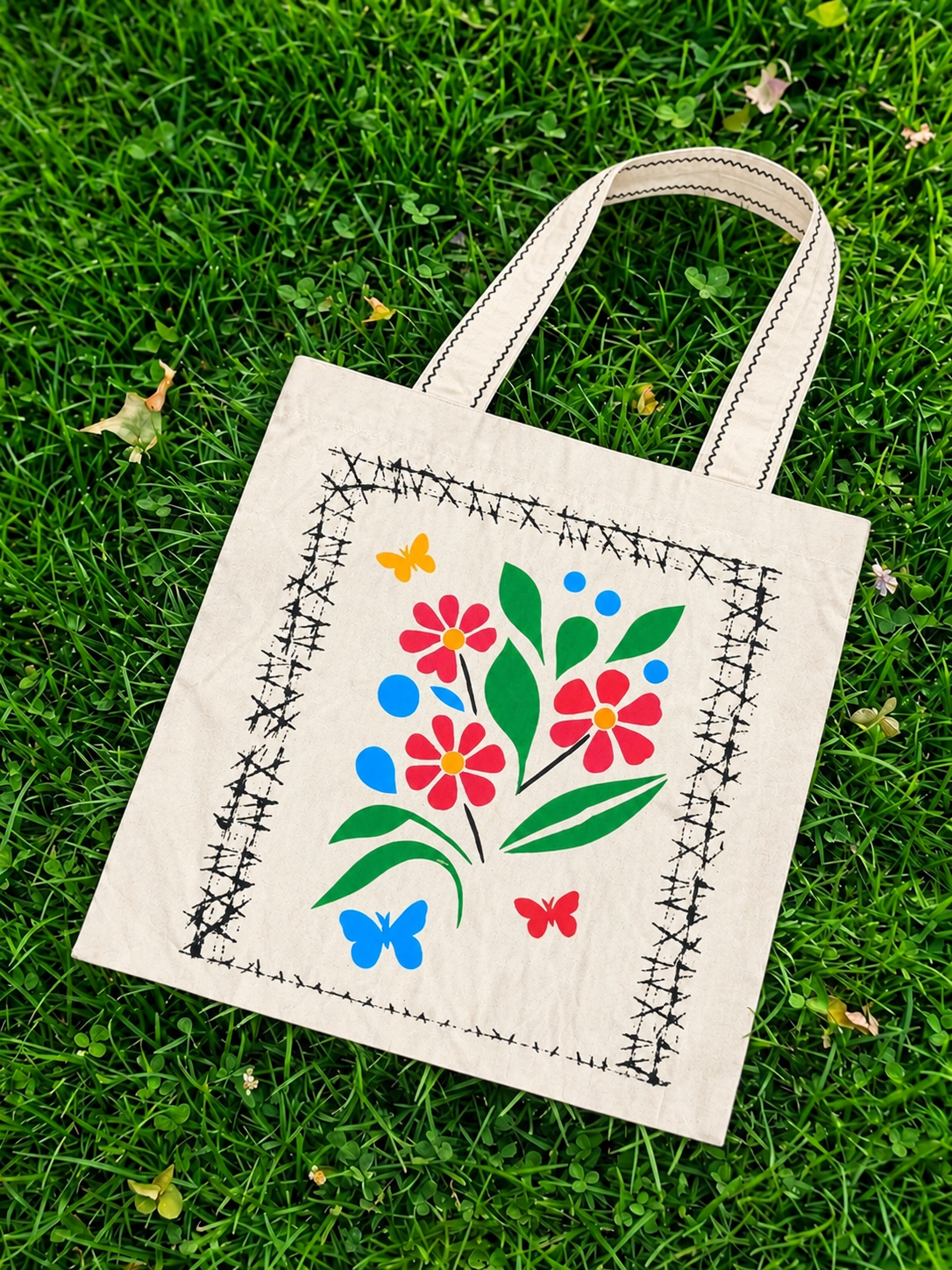 ECOBAG AMERICANO CRU COM PINTURA FLORES E BORBOLETA